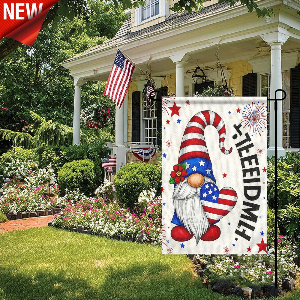 

1PC, Patriotic Gnome Garden Flag 4th of July Decorative Outdoor Double Sided American Flag Heart Star Fireworks Print Yard Flag Independence Day Memorial Day Holiday Outside Decor for Patio Lawn Porch Home Party