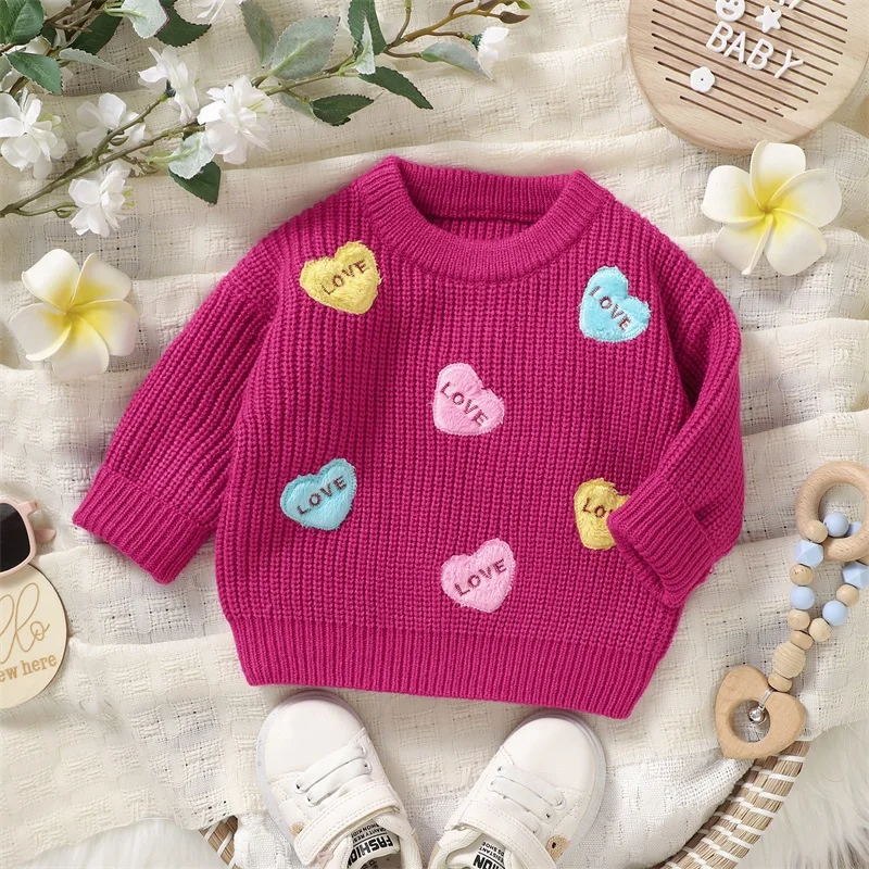 

Valentine s Day Toddler Sweaters Heart Patterned Long Sleeve Round Neck Ribbed Knit Pullover Tops with Embroidered Letters