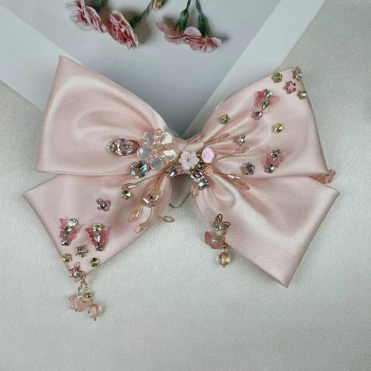 

Корейский стиль, новая сверхпрочная двухслойная атласная заколка для волос со стразами, длинная кисточка со стразами, бант, аксессуар для волос, пружинный зажим