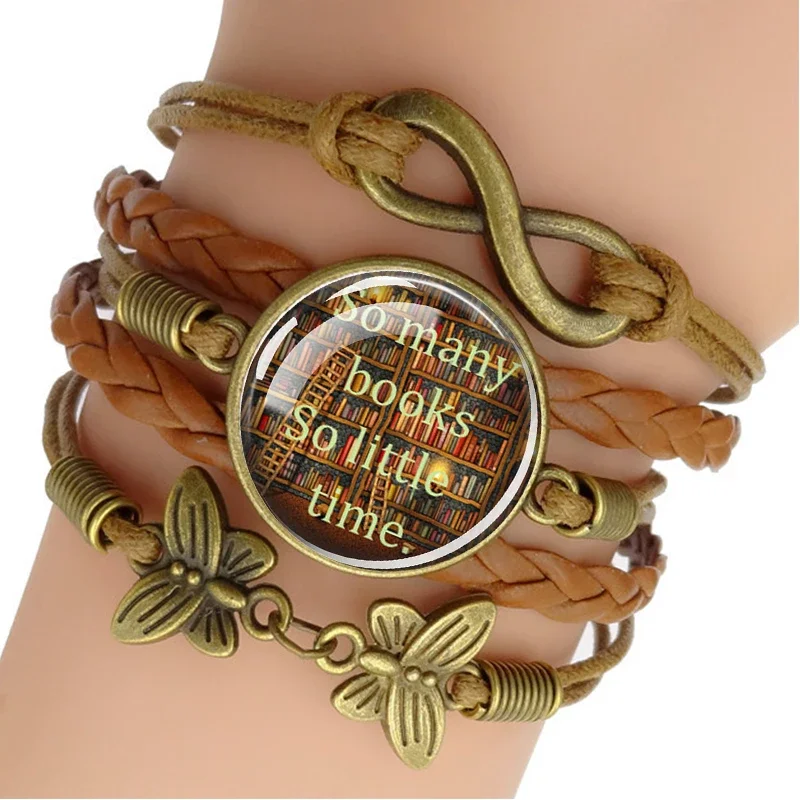 So Many Books, So Little Time , Book Jewelry Brown Weave Bracelet Glass Cabochon Bracelet (Not Real Watch)Gift for Book Lover