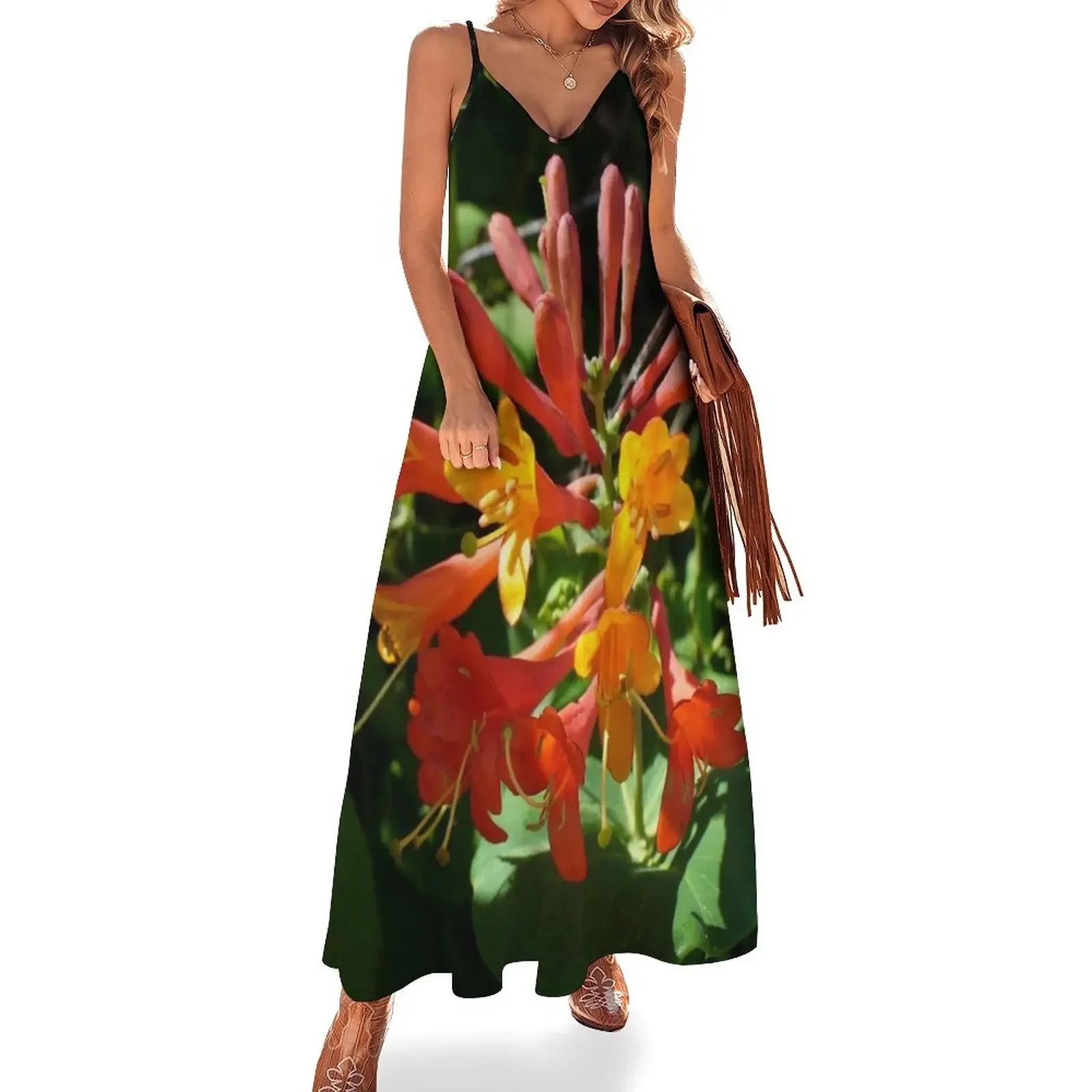 

Orange Flowers of Woodbine HoneySuckle Sleeveless Dress Women's summer suit dress dresses Summer skirt