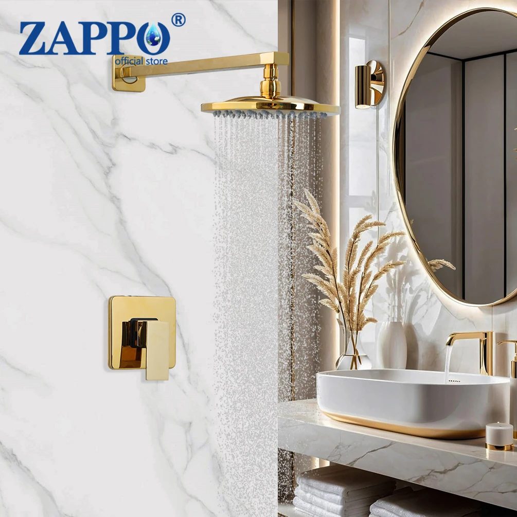 ZAPPO Gold Concealed Shower Faucet Set with embedded Box Single Function Rainfall Shower Head Luxury Bathroom Shower System