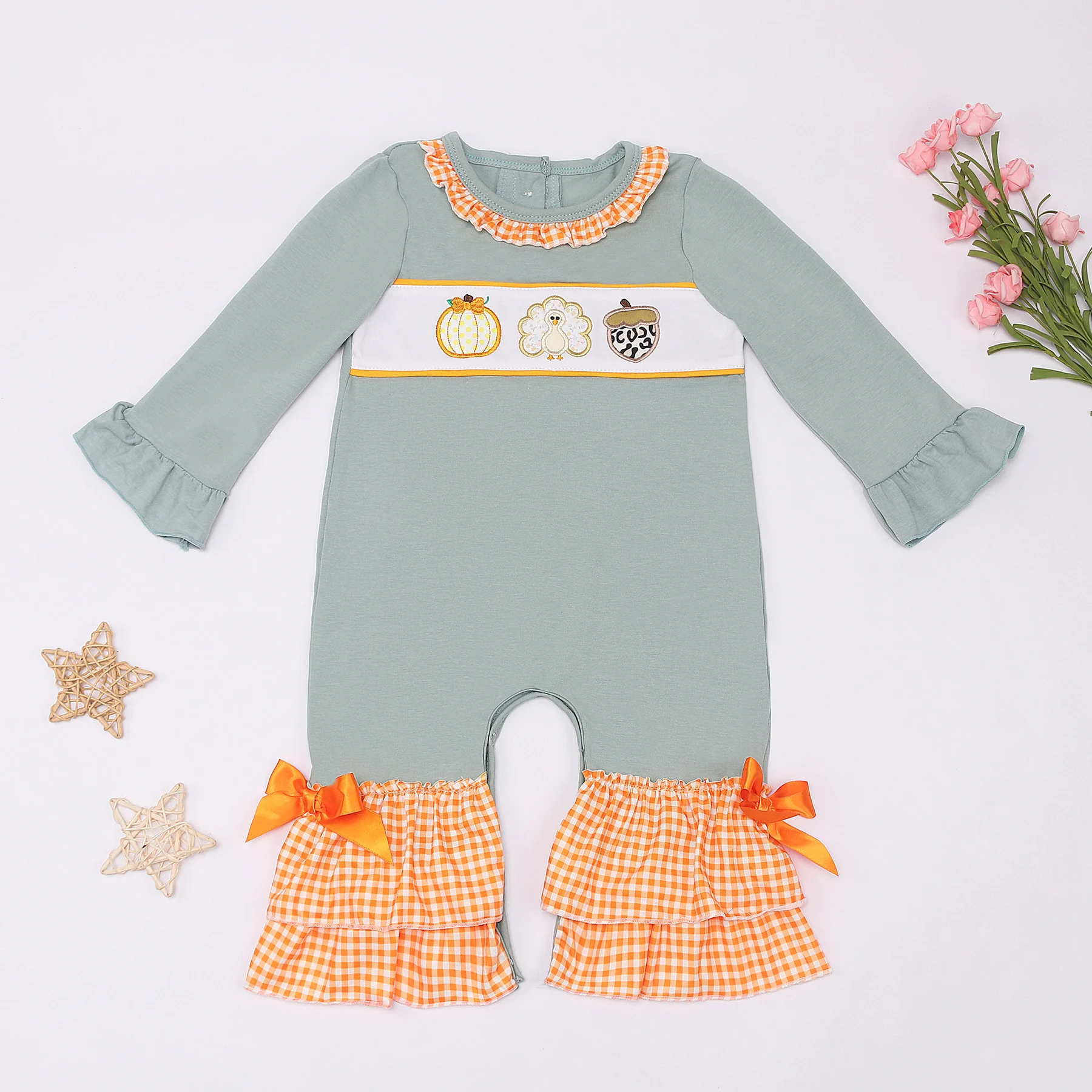 Baby Cotton Long Sleeve T-shirt Set Round Neck Turkey And Pumpkin print Boy Grey Top Clothes And Orange Lattice Pants With Bow