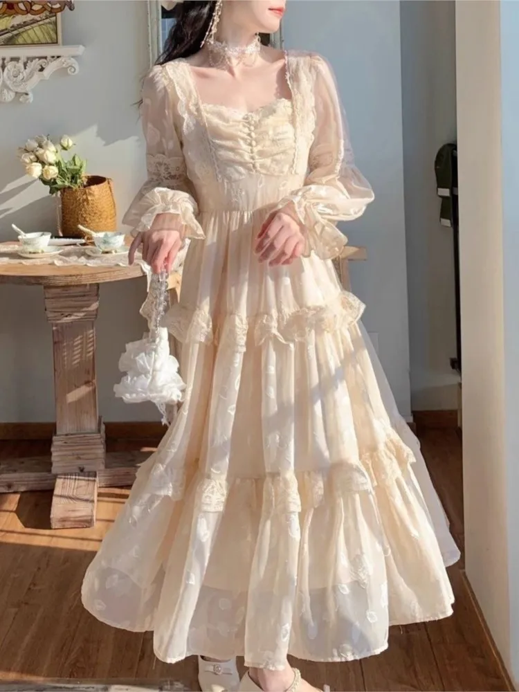 

Women Autumn Elegant Lace Patchworke Midi Dress Long Sleeve Vintage Party Prom Vestidos Female Clothing Female Birthday Clothes