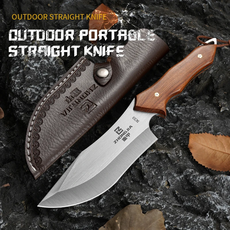 Portable camping survival knife, hunting straight knife, outdoor knife, handle cleaver (including knife cover)