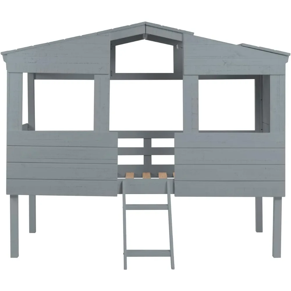 Susie Full Size House Bed, Kids Low Loft Bed with Step Ladder, Solid Pine Wood Cabana Style House Loft Bed for Kids