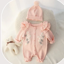 Neugeborene Stram pler 0-24m Baby Stram pler gestrickt Kinder neue Frühling Herbst Mädchen Stickerei Blume Stram pler Hut Baby Mädchen Kleidung