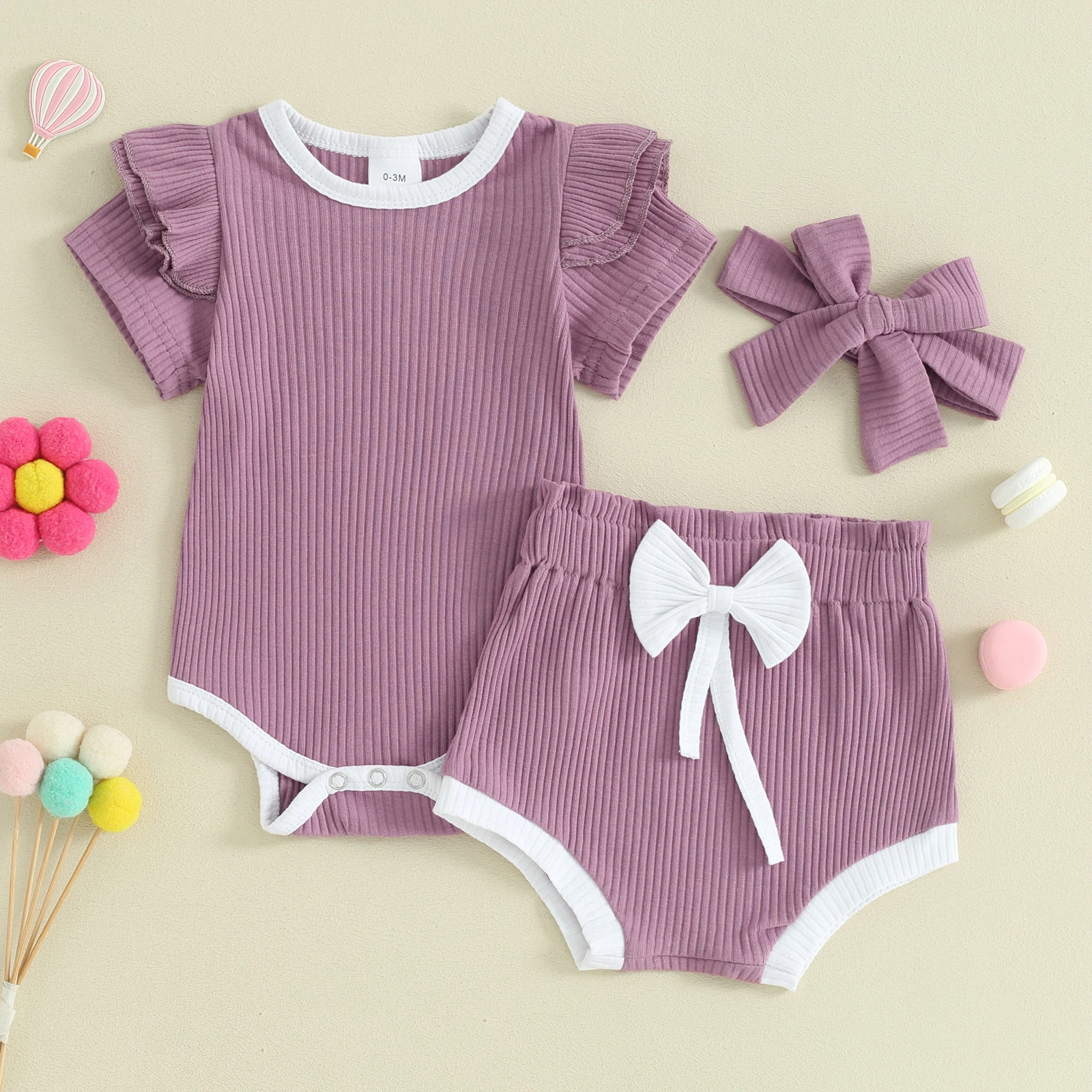 

Toddler Kids Baby Girls Summer Outfits Contrast Colors Ribbed Short Sleeve Romper Tops Shorts Cute Headband 3pcs Clothes