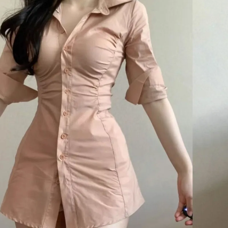 Solid Mini Dresses Women Summer Hotsweet Turn-down Collar Pleated Slim Fit Temperament Korean Version Casual Simple Daily Chic