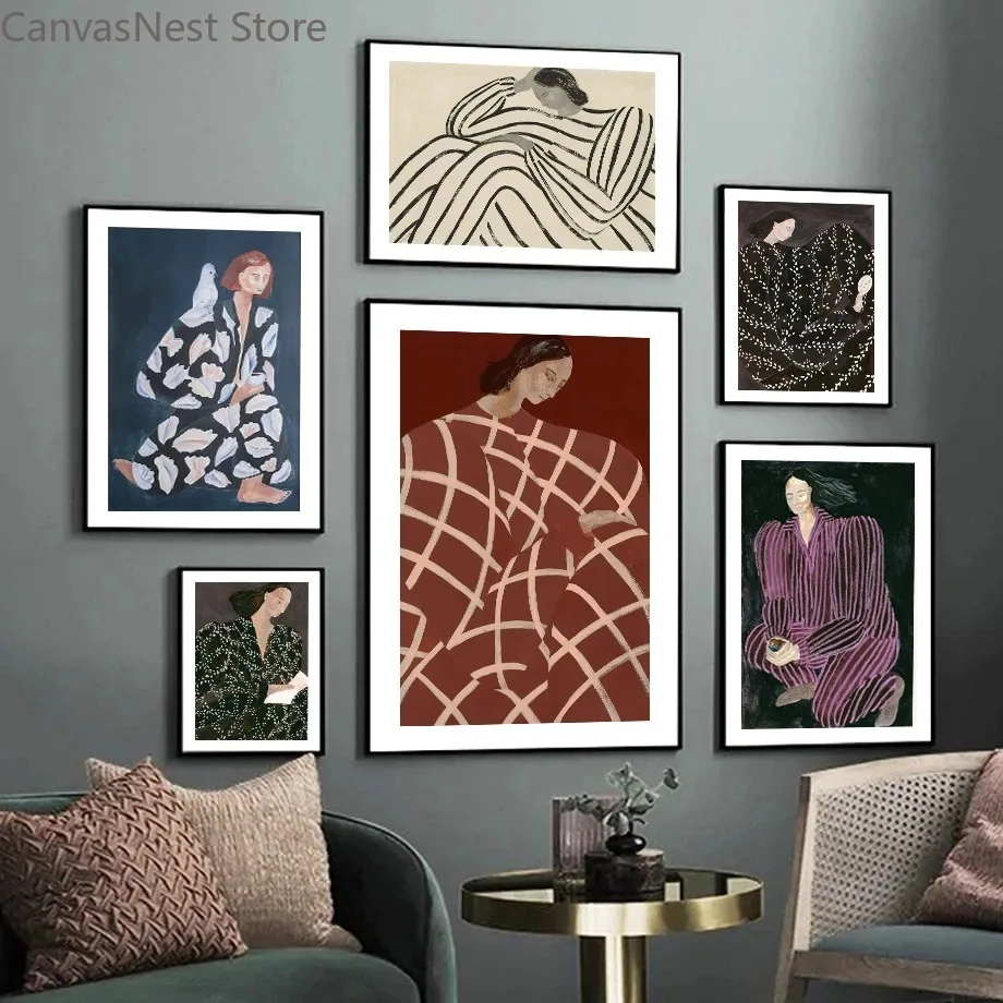 Abstract Woman Figure Canvas Wall Art Set, Vintage Modern Lady Portrait Poster Prints