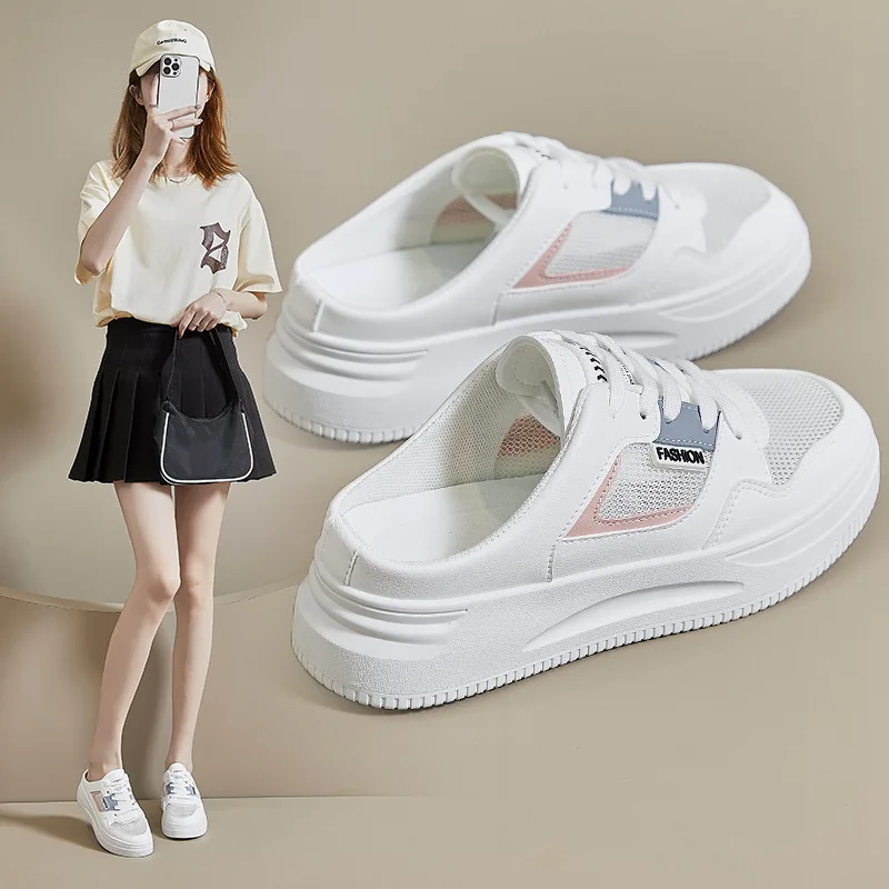 Baotou Half Slippers Women's 2024 Summer New Outwear Lazy Little White Shoes Thick Sole Inner Elevated Mesh Shoes 669