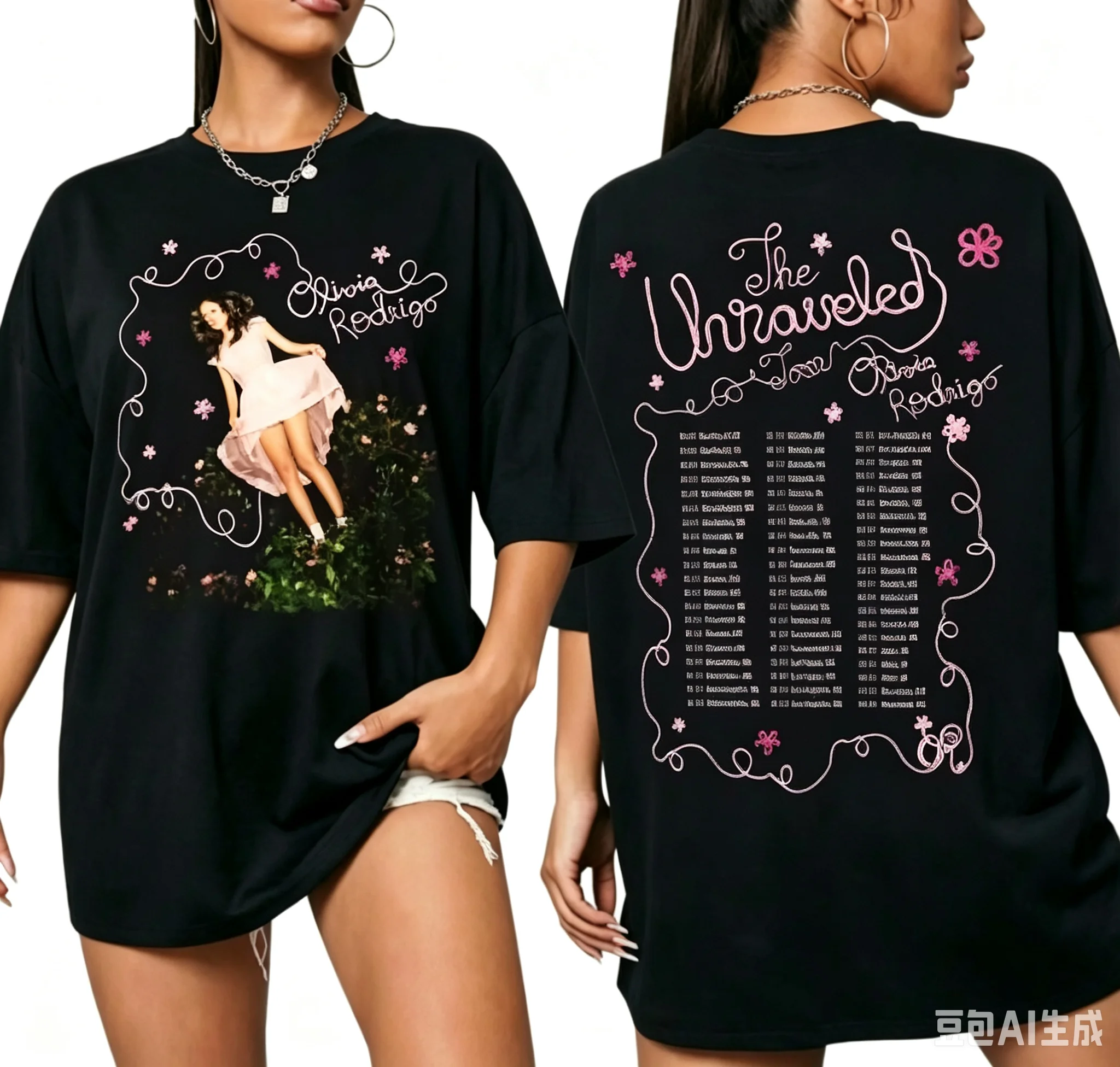 Nouveau T-shirt blanc ample 2026 avec bordures florales double face et imprimé texte portrait