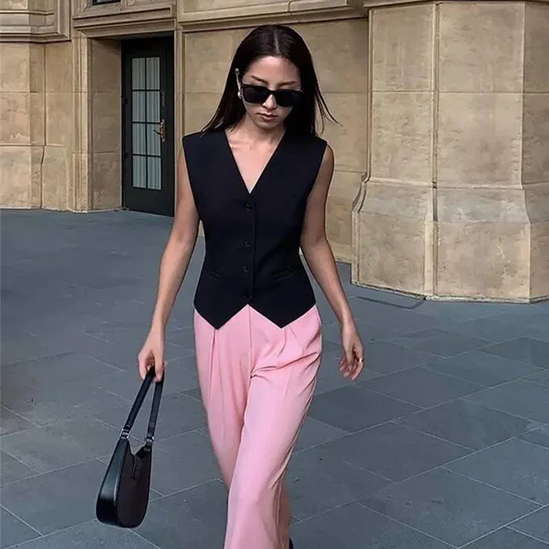 

Waistcoat Vest Women Sleeveless Jacket V Neck Single Breasted Vintage Coat Female Tops Spring Summer 2025 Office Lady Outerwear