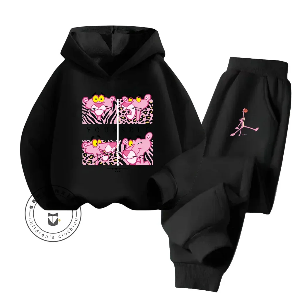 New Anime Pink Panther Spring Fall Boys Girls Children's Cotton Hoodie Sports Kawaii Fashion Casual Elastic Hip Hop Hoodie Set