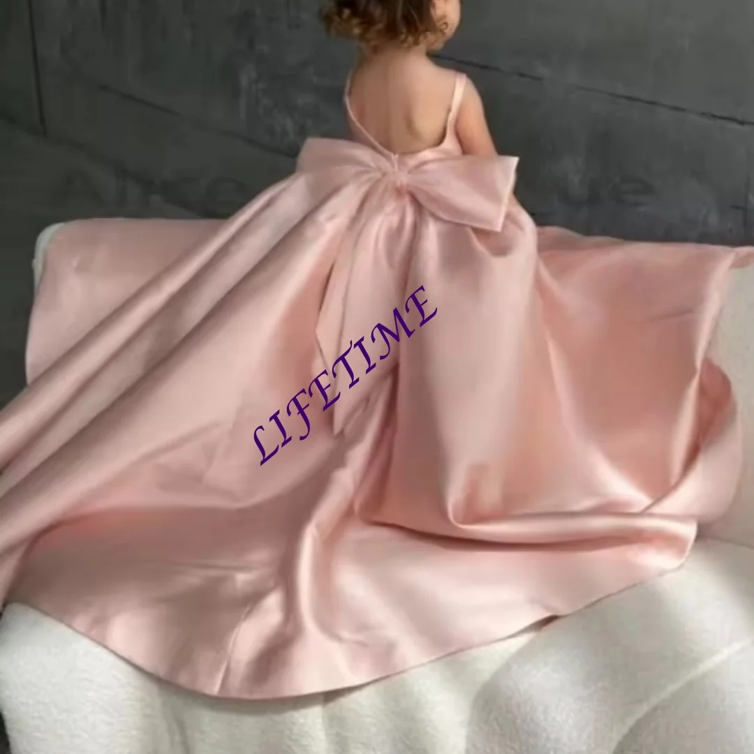 Prosta satynowa sukienka dla dziewczynki do sypania kwiatków, na ramiączkach spaghetti, do ziemi, z rękawami, urocze sukienki dla dziewczynek na Pierwszą Komunię Świętą, urodziny i przyjęcia.