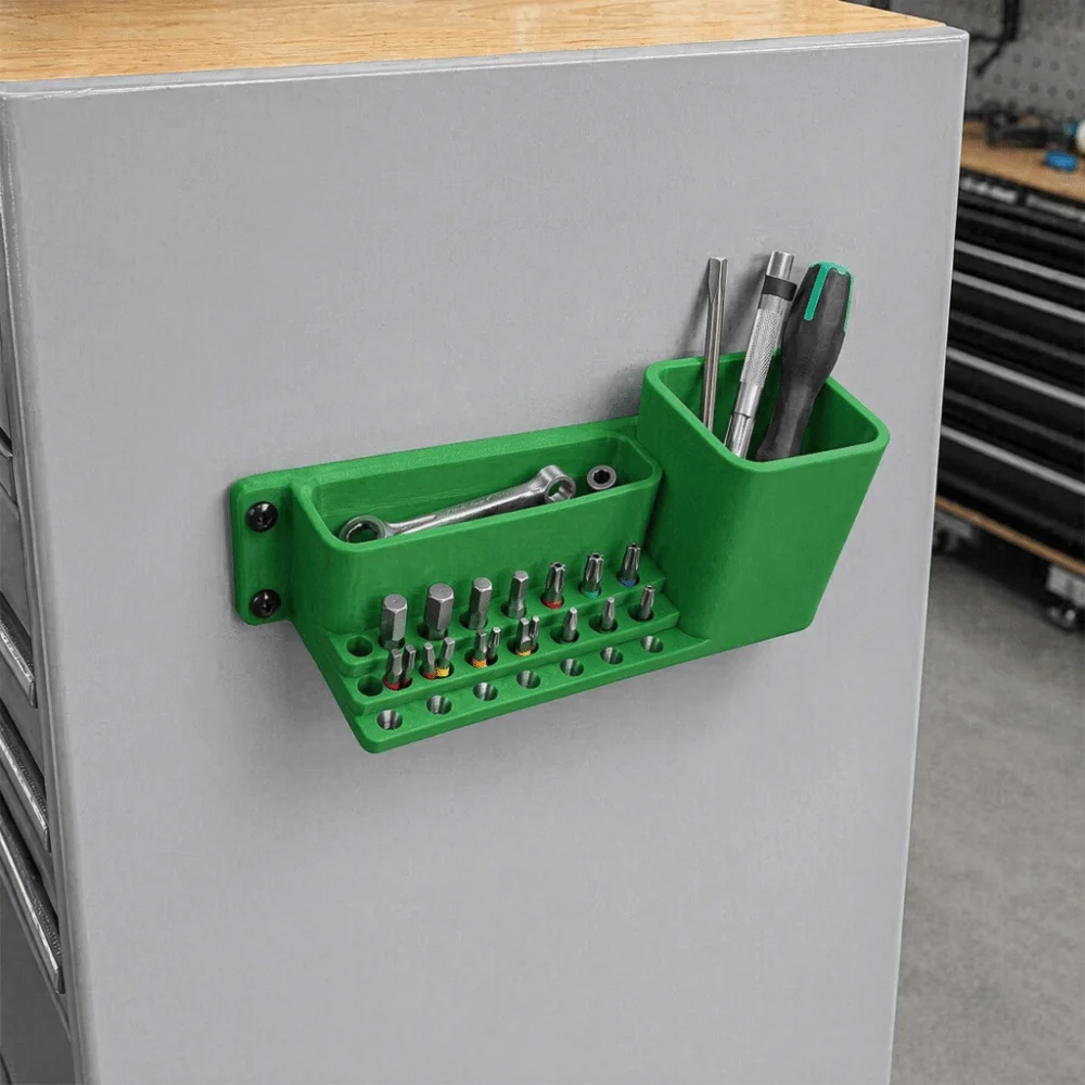 Dual Compartments Tool Storage Box Compact Open Top Screwdriver Bit Holder Plastic Build Hex Bit Slots Wall Mount Rack