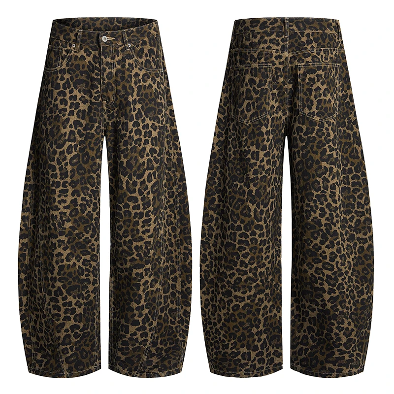 

Мужские джинсы из чистого хлопка с леопардовым принтом, уличная мода, хип-хоп, свободные повседневные широкие джинсы, брюки-галифе для мужчин