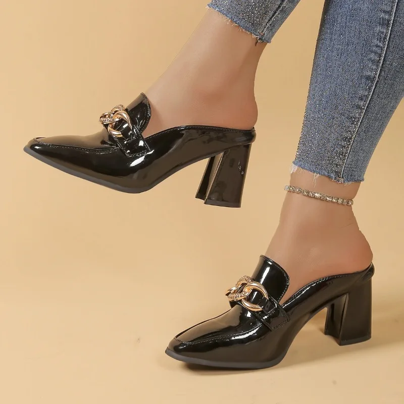 Women Slippers Half Slippers Outdoor Slides Women Med Heeled Mules Shoe 2025 Luxury Square Heel Slippers Lightweight Shoes