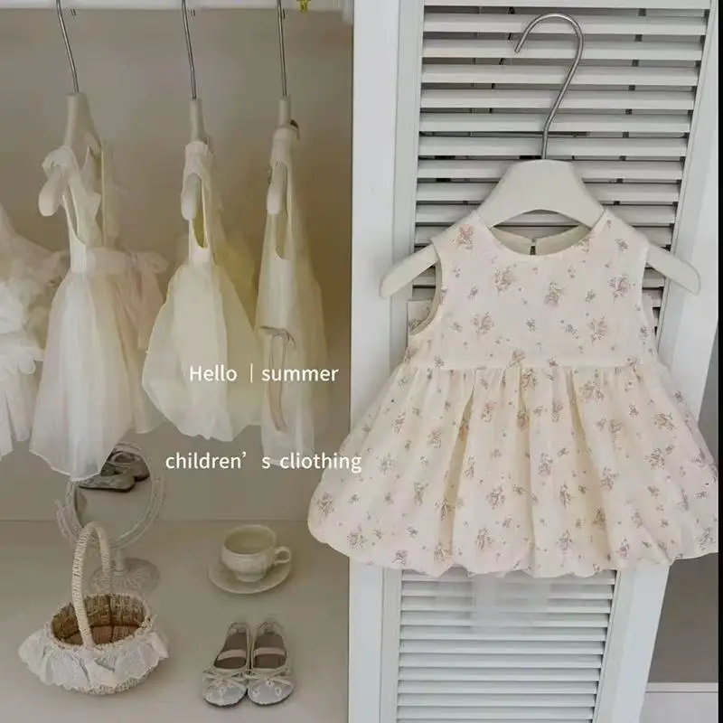 Elegant Runaway Princess Dress Floral Print Bow Sleeveless Top With Detachable Train Skirt for Little Girls for 2026 New