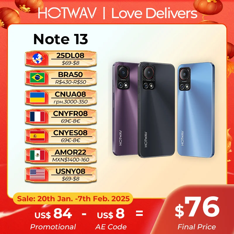 [World Premiere] HOTWAV Note 13 Mobile Phone 6.6'' HD+ 90Hz Display 8(4+4)GB+128GB Octa-Core Smartphone 50MP 5160mAh Cellphone