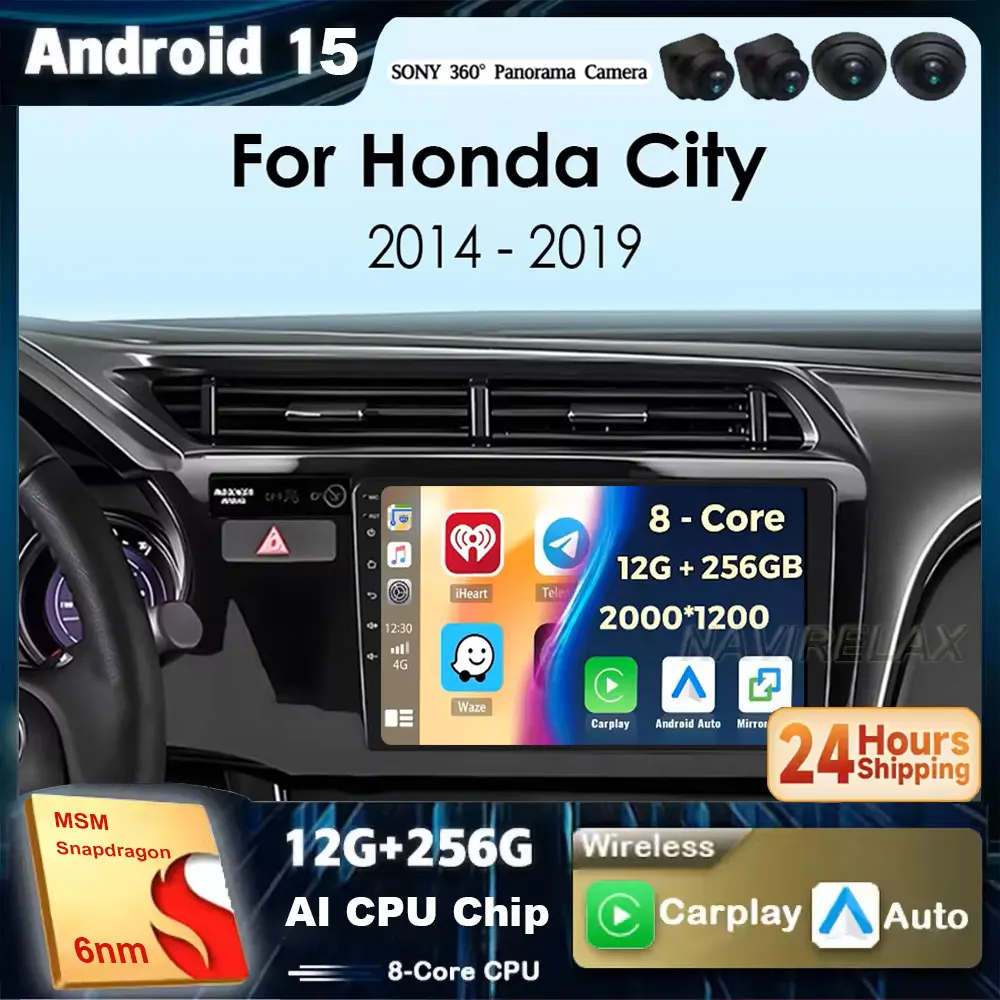 

Головное устройство Android 15 для Honda City 2014 2015 2016 2017, автомобильный радиоприемник, мультимедийный стерео видеоплеер NAVI GPS Carplay Auto 4G WIFI