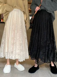 WERUERUYU 2024 New Spring And Summer Women's Waist Gauze Lace Skirt Thin A A-line Long