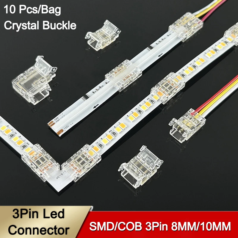 

10Pcs/bag Reusable Crystal 3Pin SMD Cob Led Strip Light Connector 8mm 10mm 3 pin Corner Led Connector