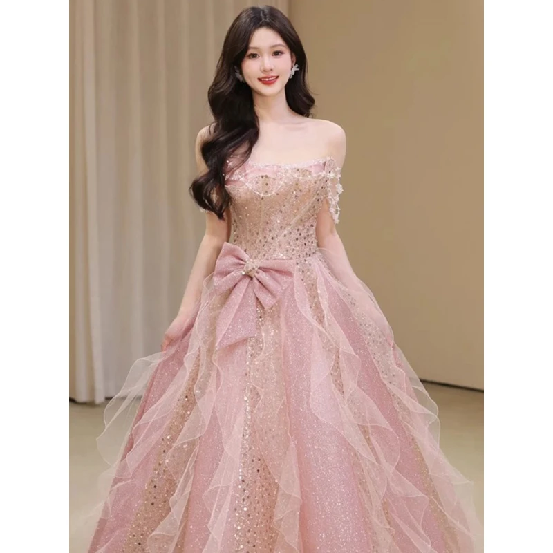 

Pink Princess Evening Dress Women's Exquisite Shiny Sequins Bow Ruffles A-Line Floor-Length Slash Neck Sleeveless Luxury Gown