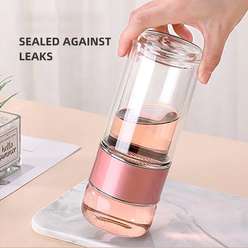 Double Wall Glass Water Bottle With Case Tea Drink Bottle Infuser Tumbler Drinkware Waterbottle Stainless Steel Tea Filter Cup