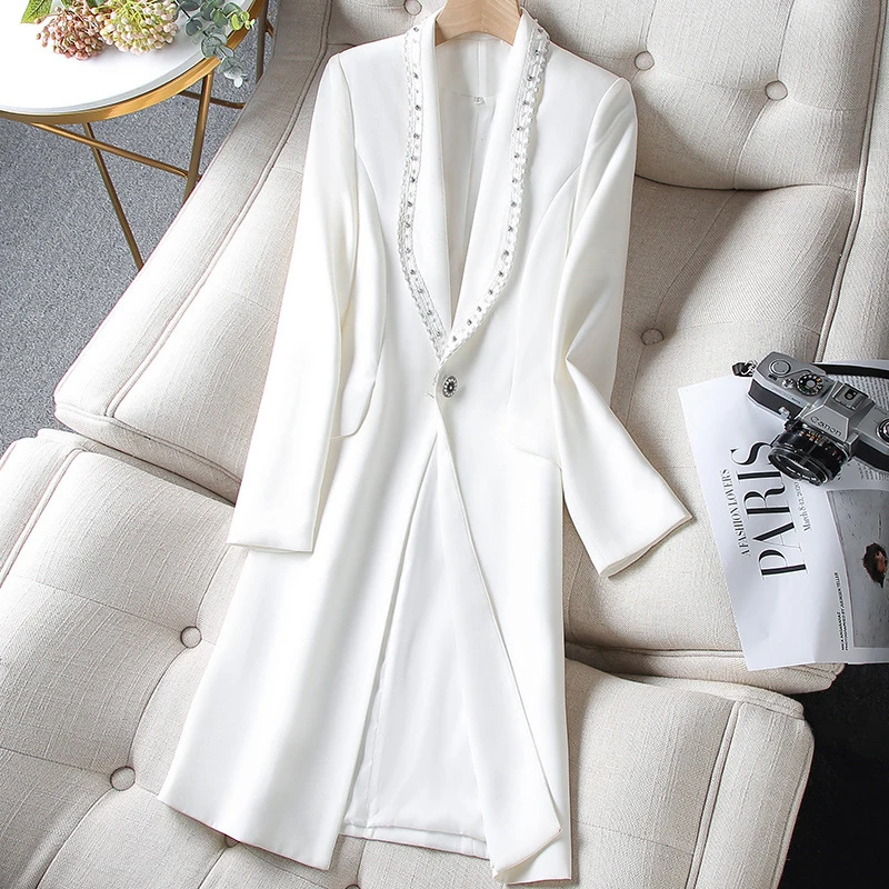 

Women Big Size Fashion Tide Single Button Long White Blazer New Notched Long Sleeve Loose Jacket Fashion Spring Autumn 2022