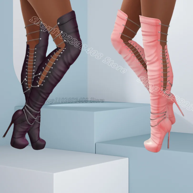 

Black Chain Decor Platform Boots Solid Hollow Spring New Stylish Party Dress for Women Over Knee Boots 2025 Zapatos Para Mujere