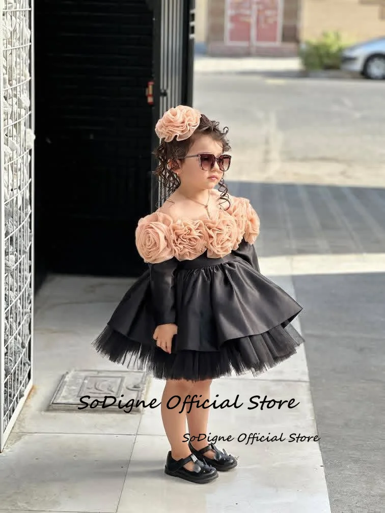 SoDigne 3D-Blume, A-Linie, Satin/Tüll, Blumenmädchenkleid, schulterfrei, kurz, 2026, Mädchenrock, Partykleider, Kinderkleid, individuell