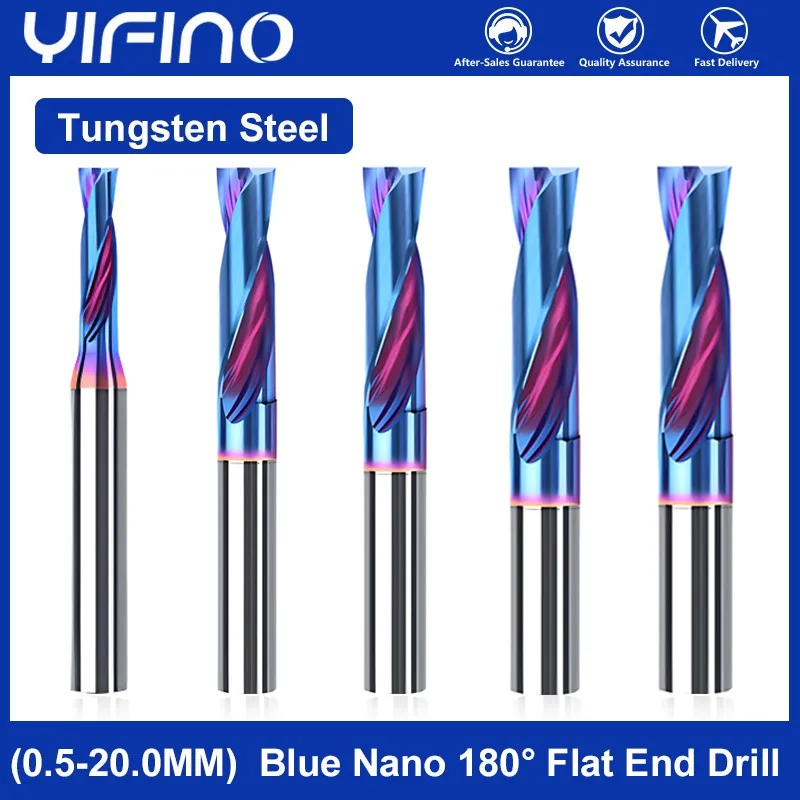 YIFINO HRC70 Blue Nano Tungsten Steel Alloy Flat Bottom Drill Bit 180 CNC Countersinking Bevelled Surface Half Hole Drill Bit