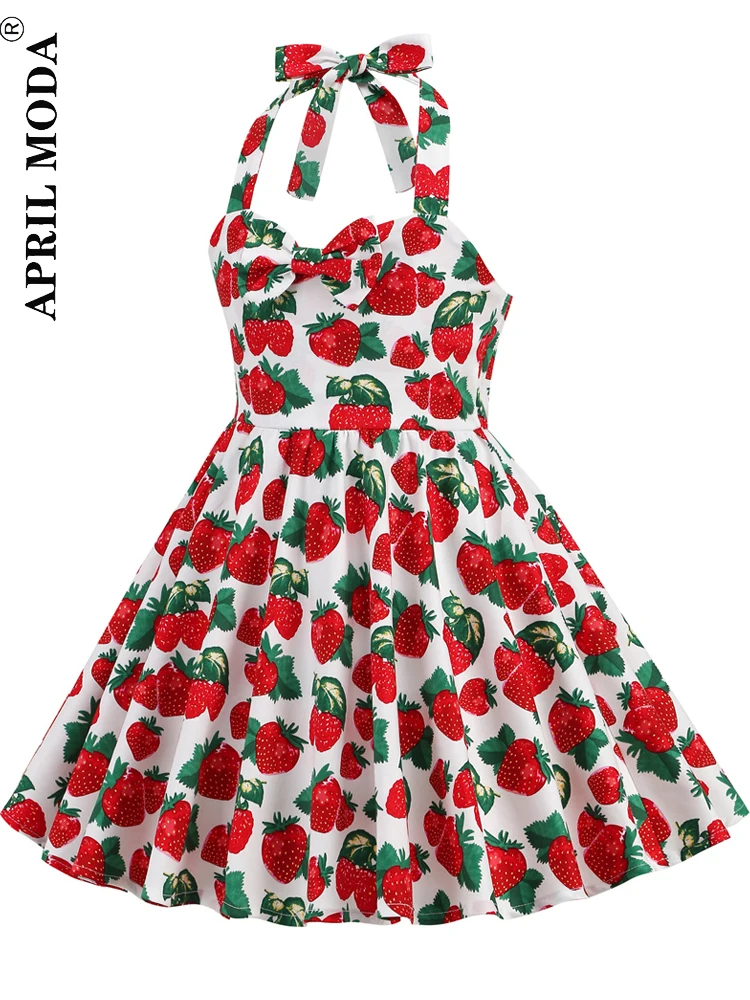 Strawberry Red Print Halter Casual Vintage Dress For Little Girl Strapless Kawaii Cocktail Princess Midi Runway Child Dresses