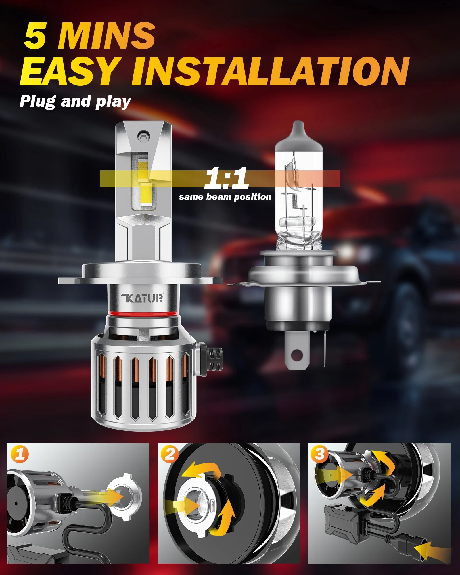 Katur 2Pcs 40000LM Turbo H4 9003 HB2 LED Headlight 200W Super Bright 6000K Canbus High Low Beam LED Headlamp Bulb 12V 7035 CSP