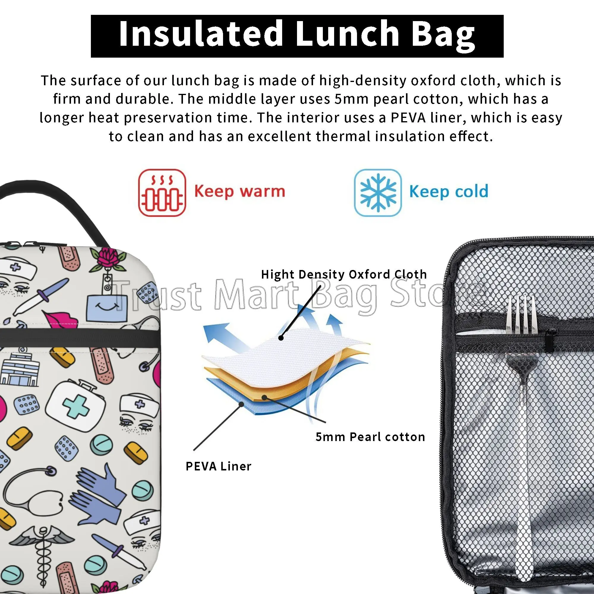 Nurse Medical Theme Insulated Lunch Bag Waterproof Thermal Meal Tote Reusable Cooler Bag for Women Camping Picnic Beach Travel