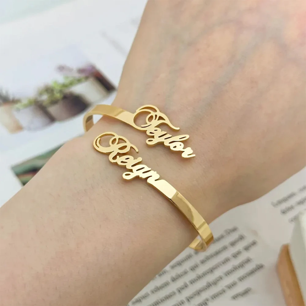 

Customized Name Women's Bracelet Stainless Steel Open Bracelet Personalized Double Name Couple Bracelet Christmas Jewelry Gift