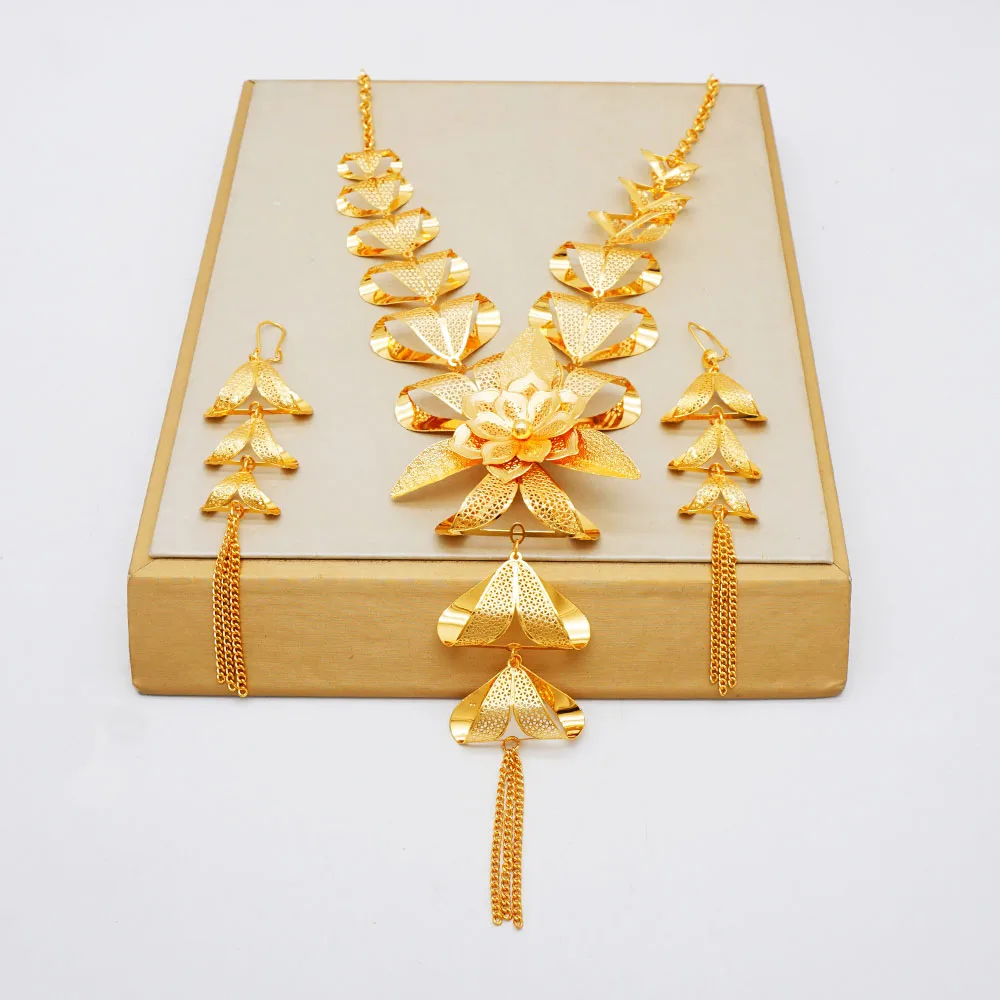 Gold plated jewelry set, tassel long necklace, pendant earrings