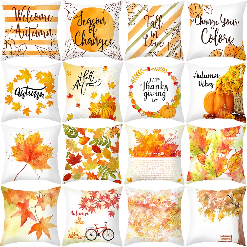 

Autumn Maple Leaves Pillow Cover 45x45cm Polyester Pillowcase Watercolor Art Cushion Cover Happy Thanksgiving fundas de cojines