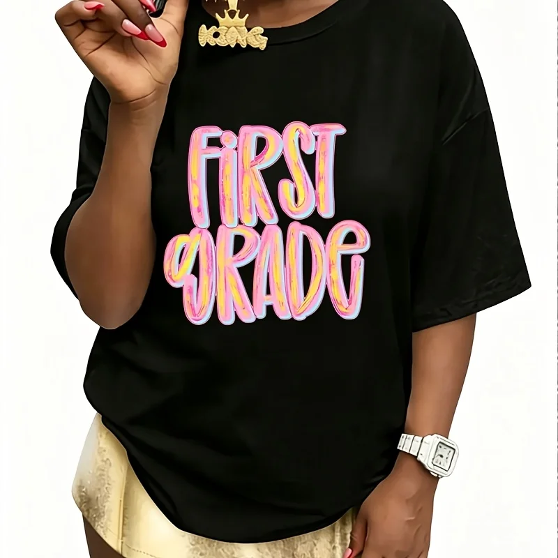 First Grade and Women's 100% Cotton T-Shirt Short Sleeve Top Casual Round Neck Fun Print Tee S-5Xl