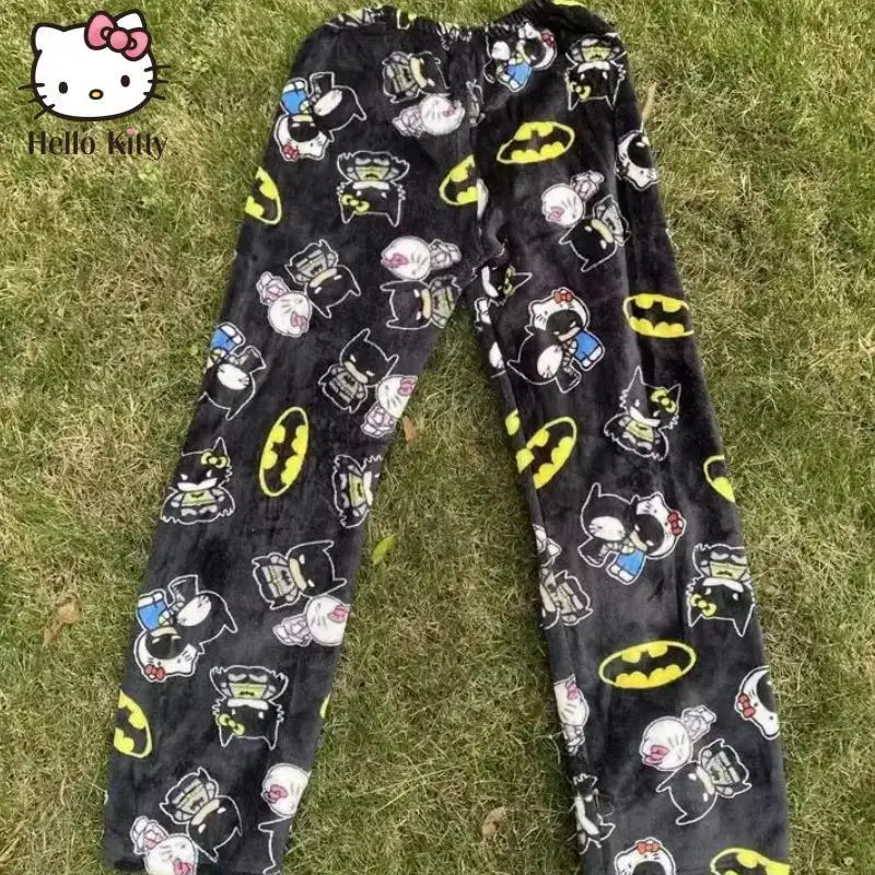 Novo sanrio y2k outono hellokitty batman calças de pijama dos desenhos animados hip hop senhoras quente casual pelúcia estilo natal flanela bonito calças