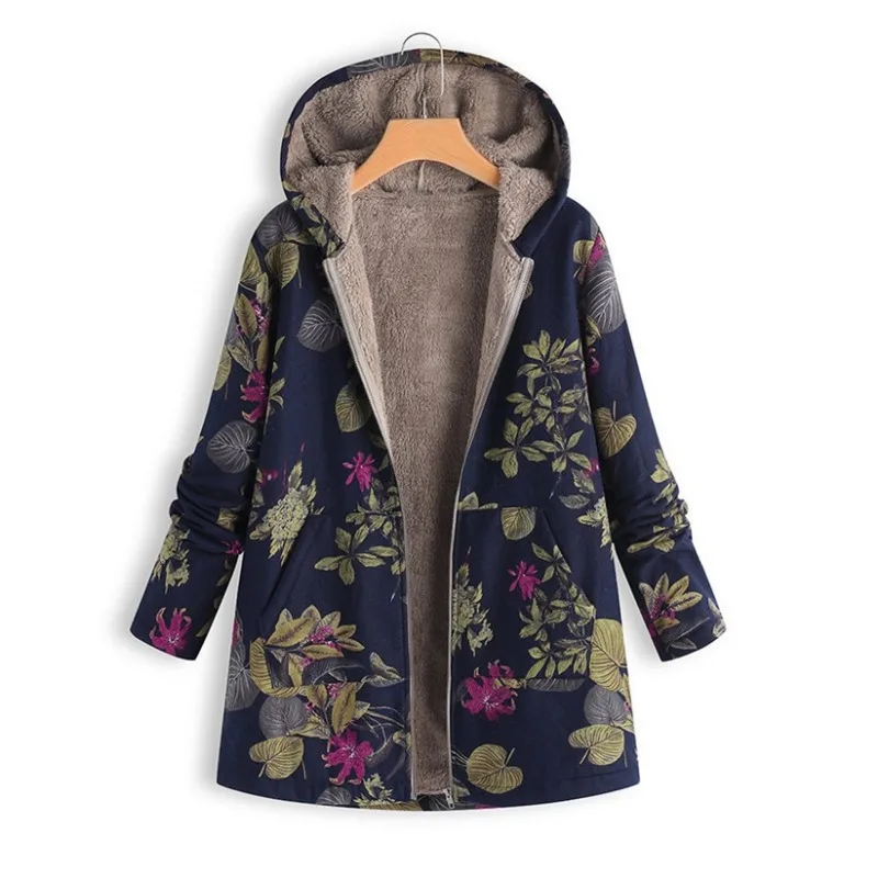 Printed Hooded Long Sleeve Coat Oversized Vintage Women Autumn Winter Warm Plush Jacket Casual Ladies Clothes