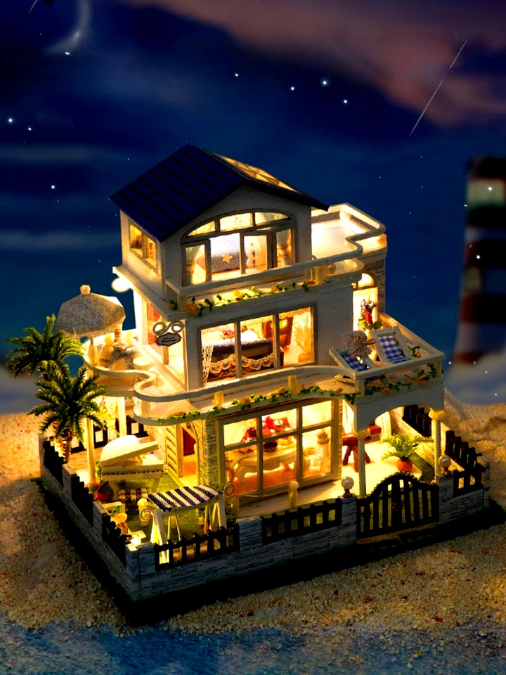 3F Victorian Blue House ミニチュア ペーパークラフト 完 DIY Blue Waltz House Model with LED Light