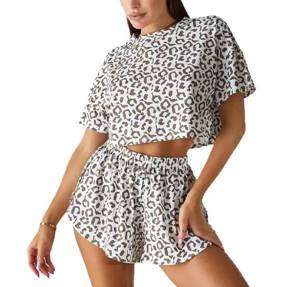 Stylish Leopard Print Pajamas Women Sexy Thin Sleepsuit Breathable Loungewear Set European Fashion Summer Night Home Apparel
