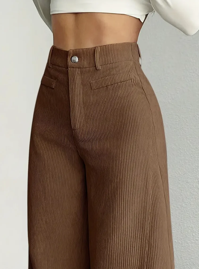 Elegant Corduroy Wide Leg Pants Women High Waist Brown Casual Trousers Office Commuting Vintage Solid Color Winter Pants