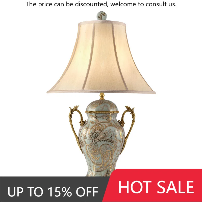 

Hand-painted Blue And White Ceramic With Copper Large Decorative Desk Lamp Living Room Bedroom Study Hotel Desk Lamp
