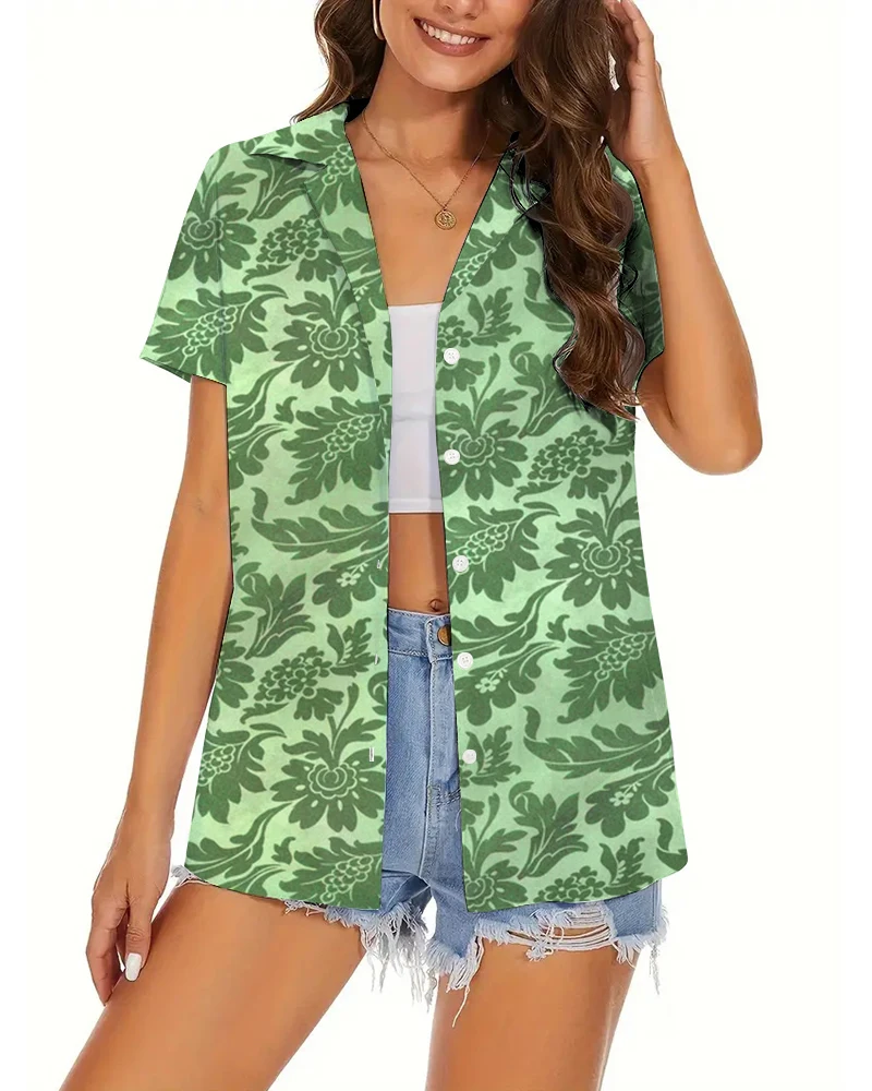 

Short-Sleeved Suit Collar Shirt Thin Shirt Women's Everyday Leaf Print Design Top Breathable And Comfortable Spring And Summer