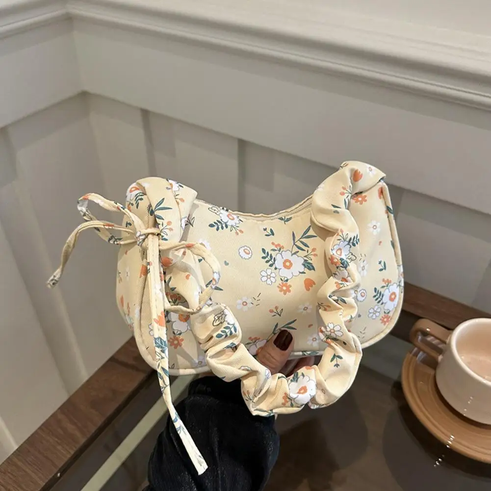 Flower Pattern Printing Shoulder Bag Large Capacity Wrinkle Sweet Canvas Bag Underarm Bag Bow Lovely Tote Bag Outdoor ﻿