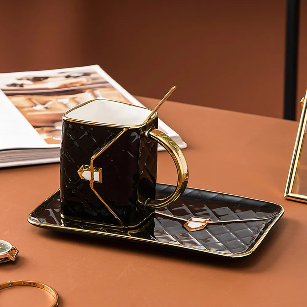 Elegant 310ml Handbag Coffee Mug Set With Saucer&Spoon Blue/Black/White Purse Coffee Cup Set Cappuccino Cup Set For Grandmom