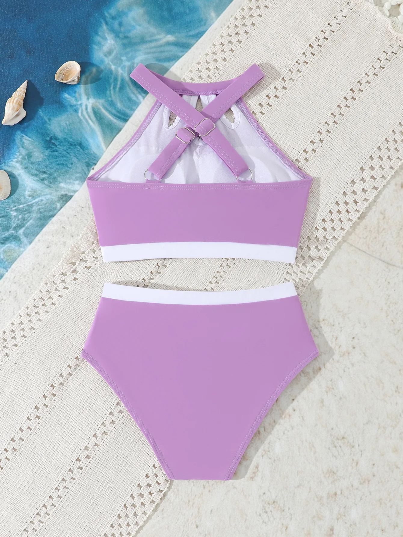 Süßer, einfarbiger Badeanzug für junge Mädchen, Sommer-Strandkleidung, 2-teiliger Tankini-Badeanzug für Mädchen im Alter von 8-12 Jahren – Detail 7
